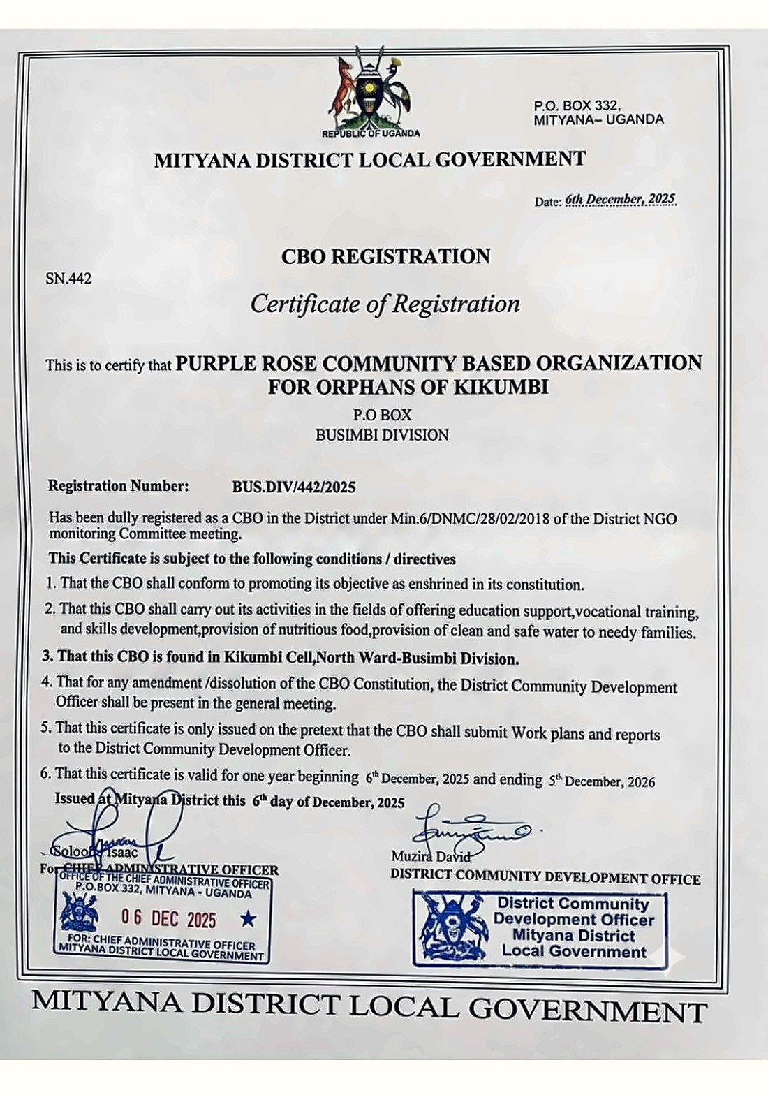 CBO Certificate of Registration — Purple Rose, Mityana District Local Government