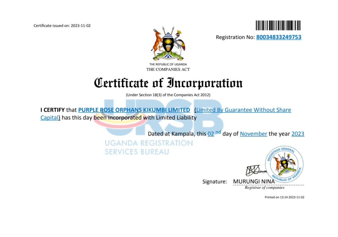 Certificate of Incorporation — Purple Rose Orphans, Republic of Uganda, issued 2 November 2023